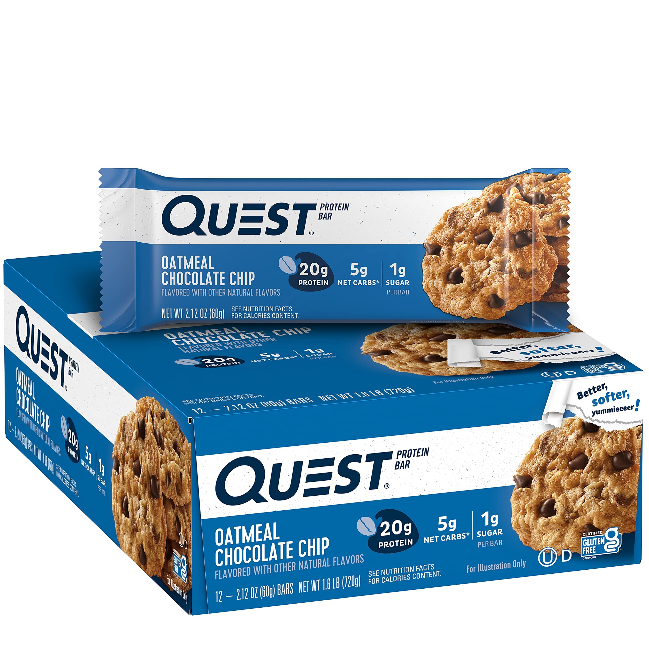 Quest Nutrition Chocolate Chip Dough Cookie Protein Bars, 21g Protein, 1g Sugar, 4g Net Carb, High Fiber, Gluten Free, Keto Friendy, 12 Count