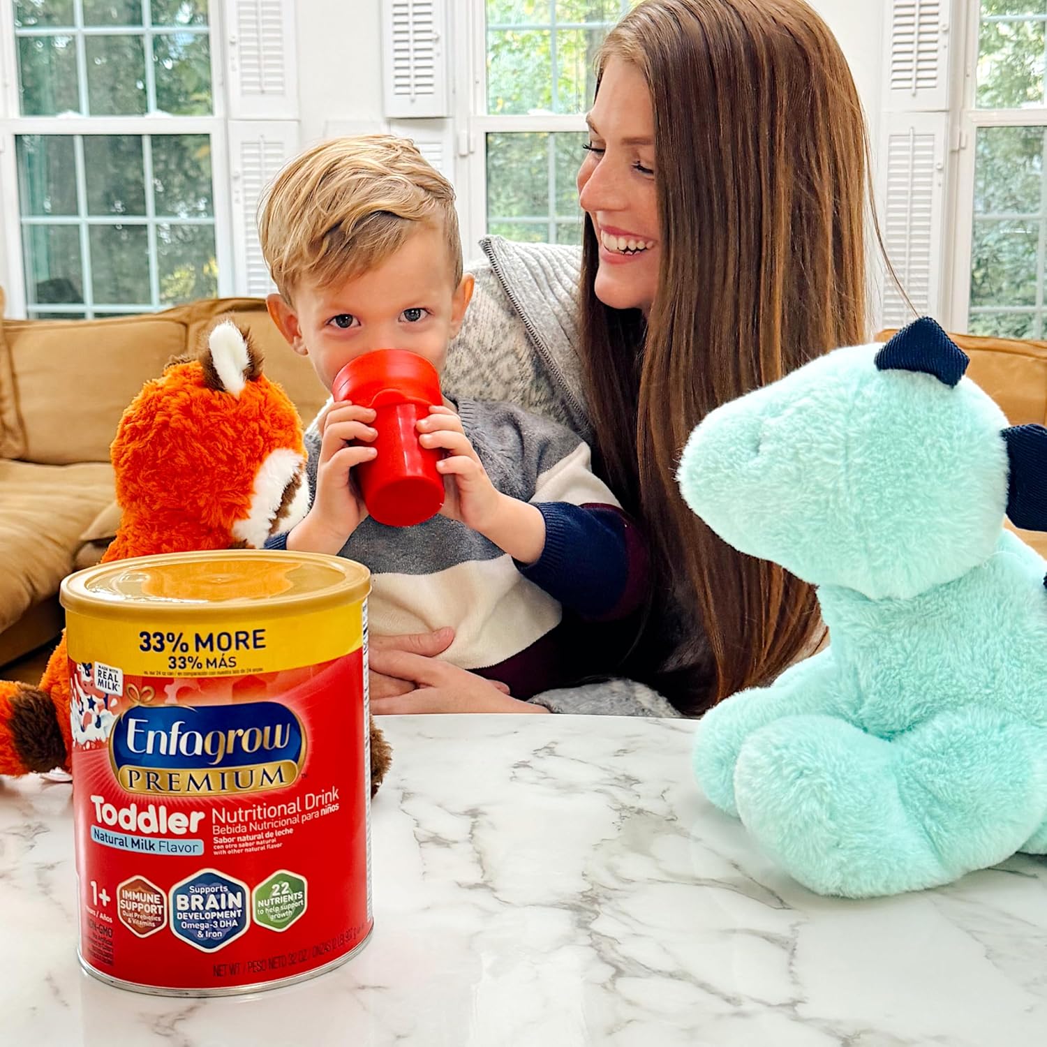 Enfagrow Premium Toddler Nutritional Drink, Made with Real Milk, Brain-Building Omega-3 DHA, Nutrients and Prebiotics for Growth & Immune Support, Non-GMO, Toddler Milk Powder, 32 Oz Can