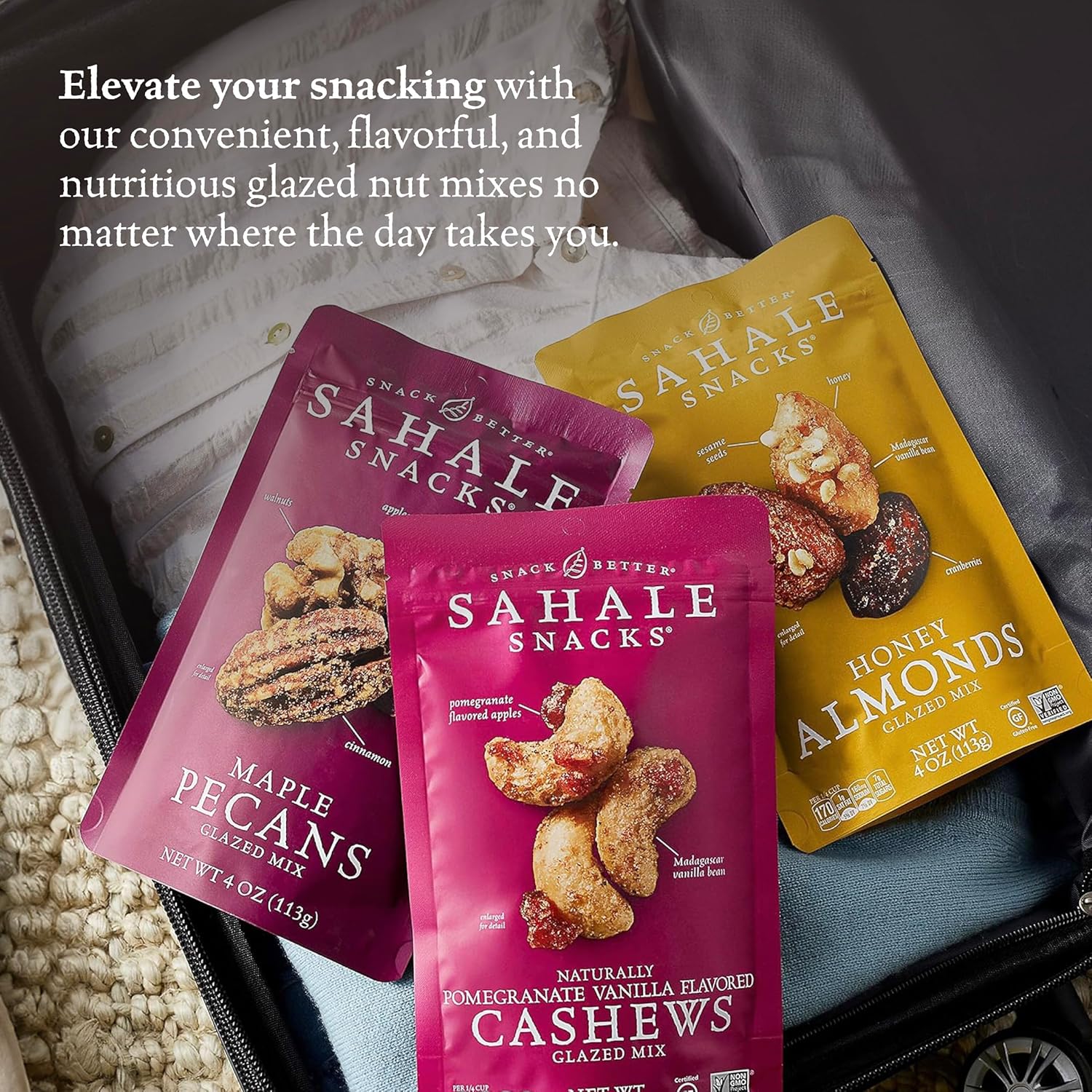 Sahale Snacks Glazed Mix Nut Blend Variety Pack, 1.5 Oz Grab & Go Bags (12 Total Packs) - Four Different Dry-Roasted Deluxe Mixed Nuts Blends Included - Non-GMO Kosher & Certified Gluten-Free Snacks