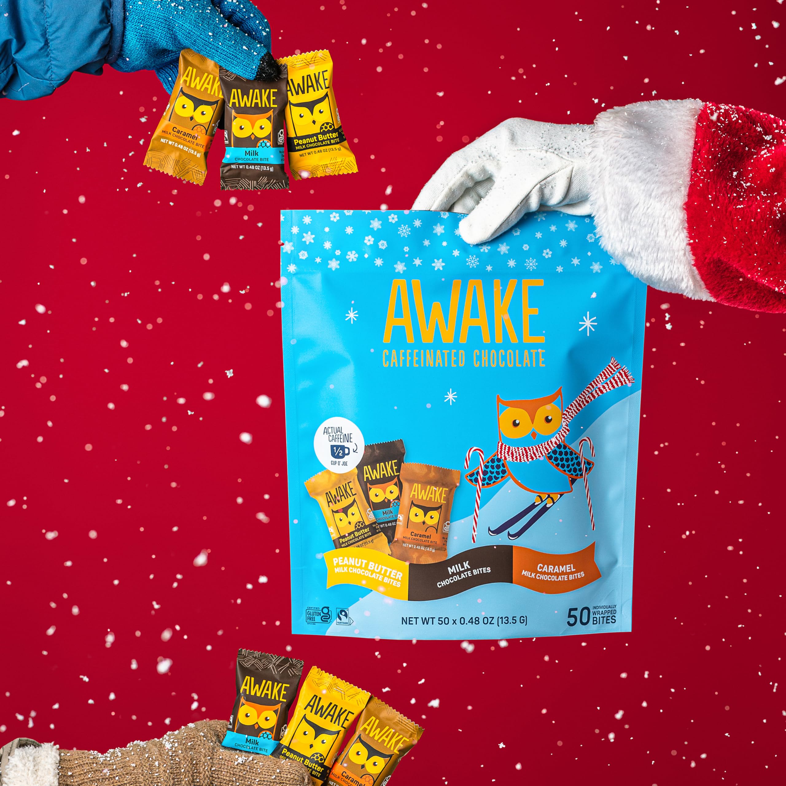 AWAKE - Caffeinated Chocolate Bites - Caramel Milk Chocolate, 50 Bites - 50mg Caffeine - Individually Wrapped Energy Bites - Coffee Alternative - Fairtrade, Gluten Free, Non GMO - 0.48oz
