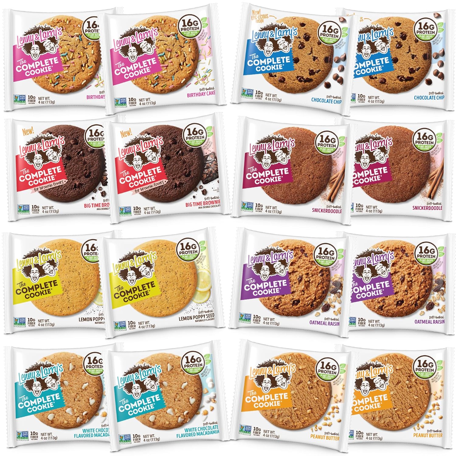 Lenny & Larry's Complete Protein Cookie, [8 Flavor Variety], Chewy Soft Baked, 16g Plant Protein, Vegan, Non-GMO, High Fiber, 4 Ounce Cookie (Pack of 16)