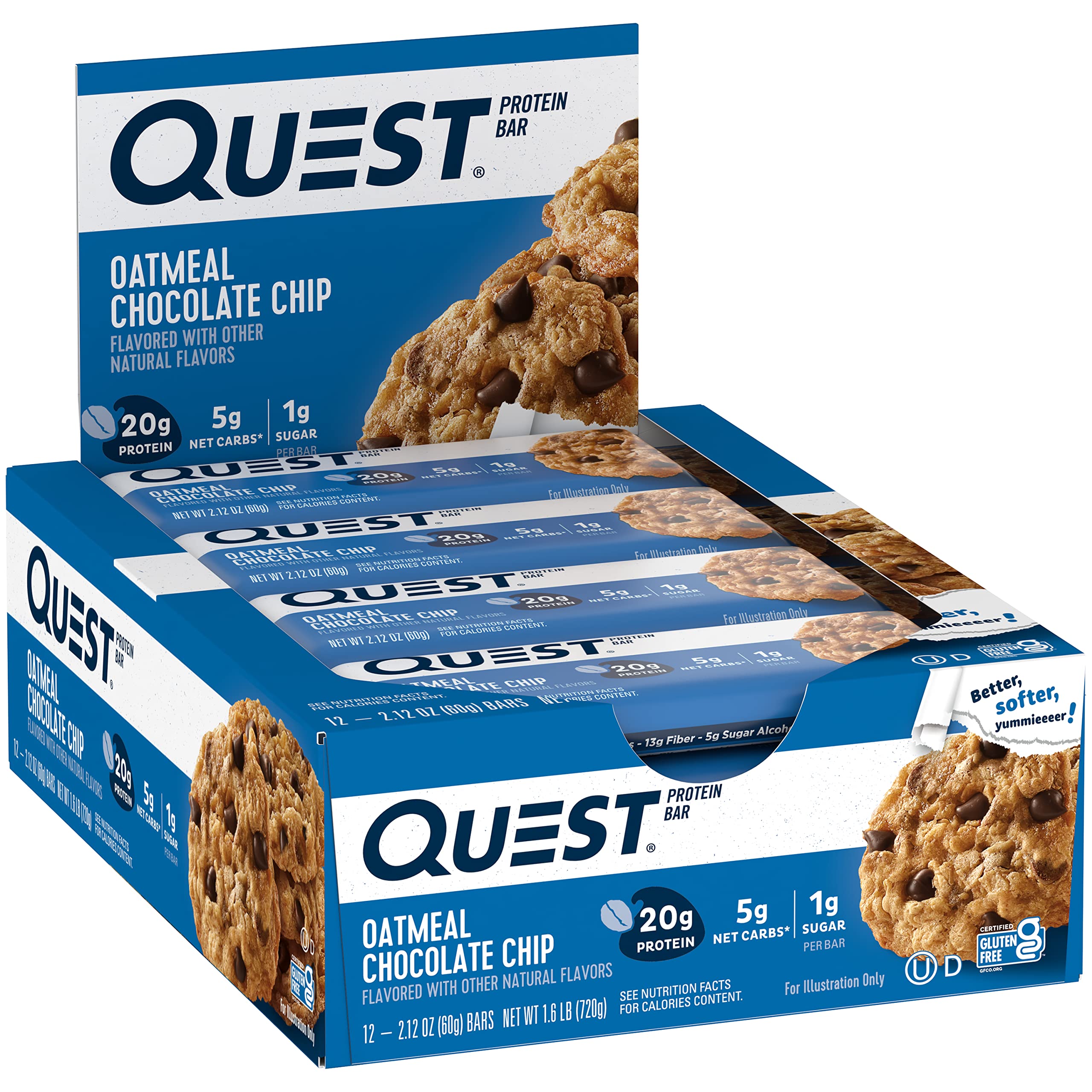 Quest Nutrition Chocolate Chip Dough Cookie Protein Bars, 21g Protein, 1g Sugar, 4g Net Carb, High Fiber, Gluten Free, Keto Friendy, 12 Count