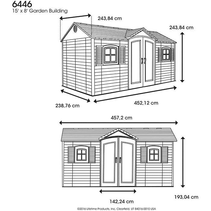 Side entry 15 ft. W x 8 ft. D plastic storage shed with assembly